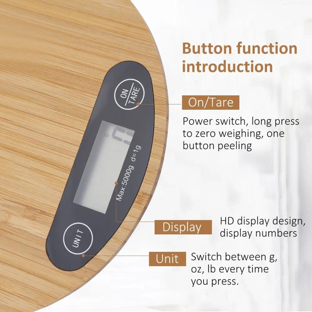 Wood ABS gital Kitchen Scale Round Brown Electric Kitchen Scale Battery Operated Tare Function Kitch