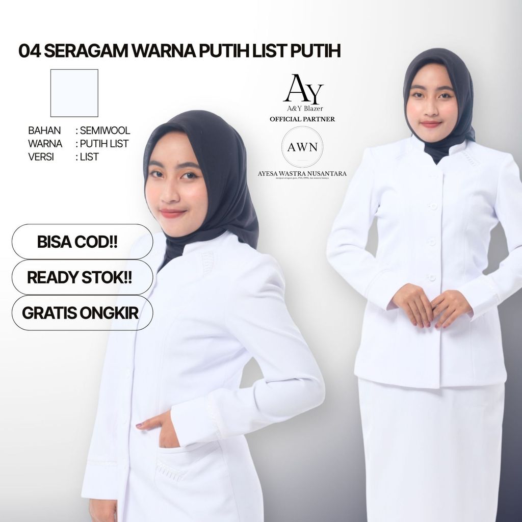 [04] AYESA - Baju Seragam PDH Wanita Warna PUTIH LIST PUTIH Bahan Semiwol Premium - Seragam Dinas PN