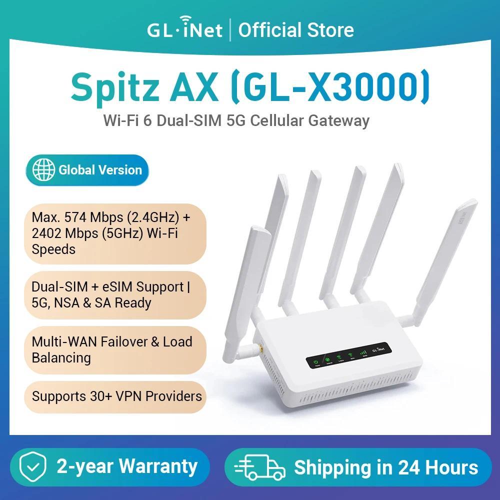 GL.iNet GL-X3000 (Spitz AX) 5G AX3000 Gateway Router, Wi-Fi 6, Multi-WAN, & Detaable Antennas, Dual-