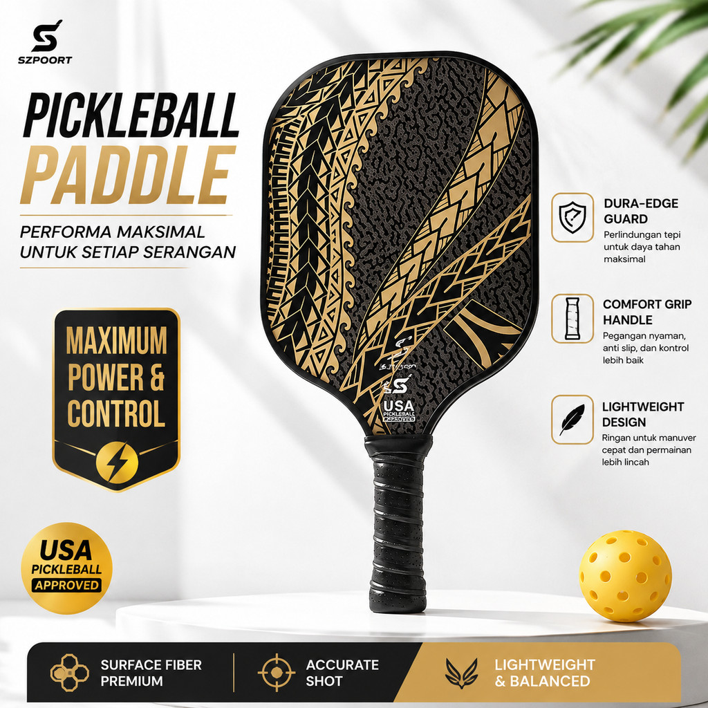 Raket Pickleball Paddle Premium Motif Tribal Carbon Fiber Honeycomb Core Kontrol Maksimal USA Approv