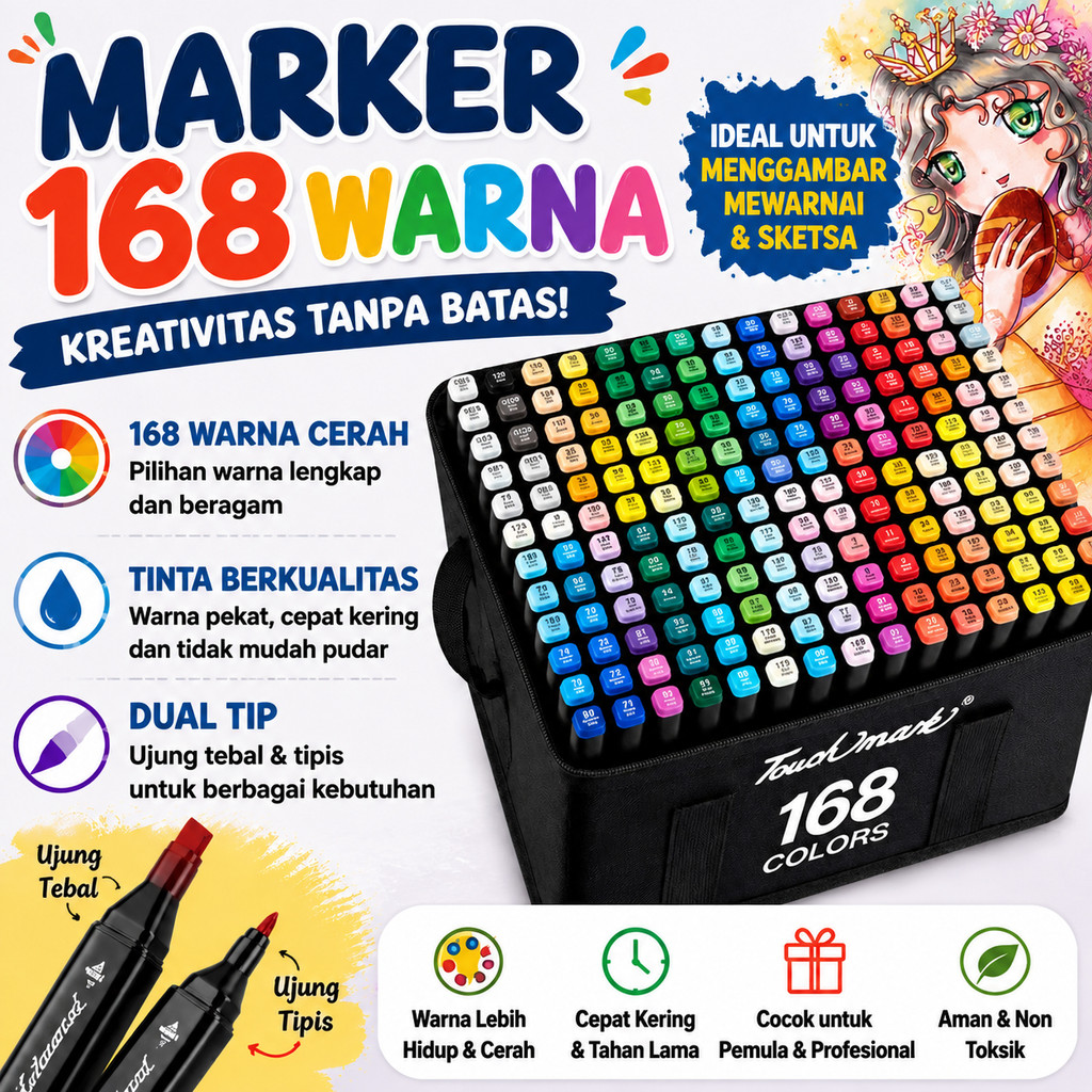 Spidol Marker Dual Tip Ujung Besar & Kecil, 24/36/60/80/168/204 Warna Lengkap, Tahan Air Tidak Tembu