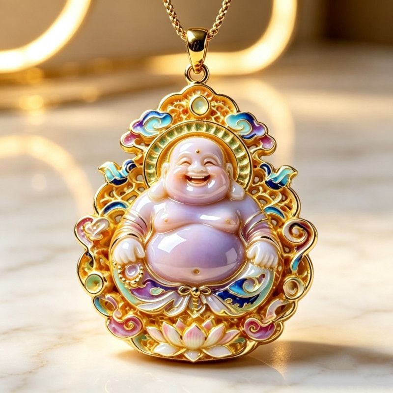 Enamel Lotus Heart Laughing Buddha Pendant Accessories Kalung Liontin Wanita Baru