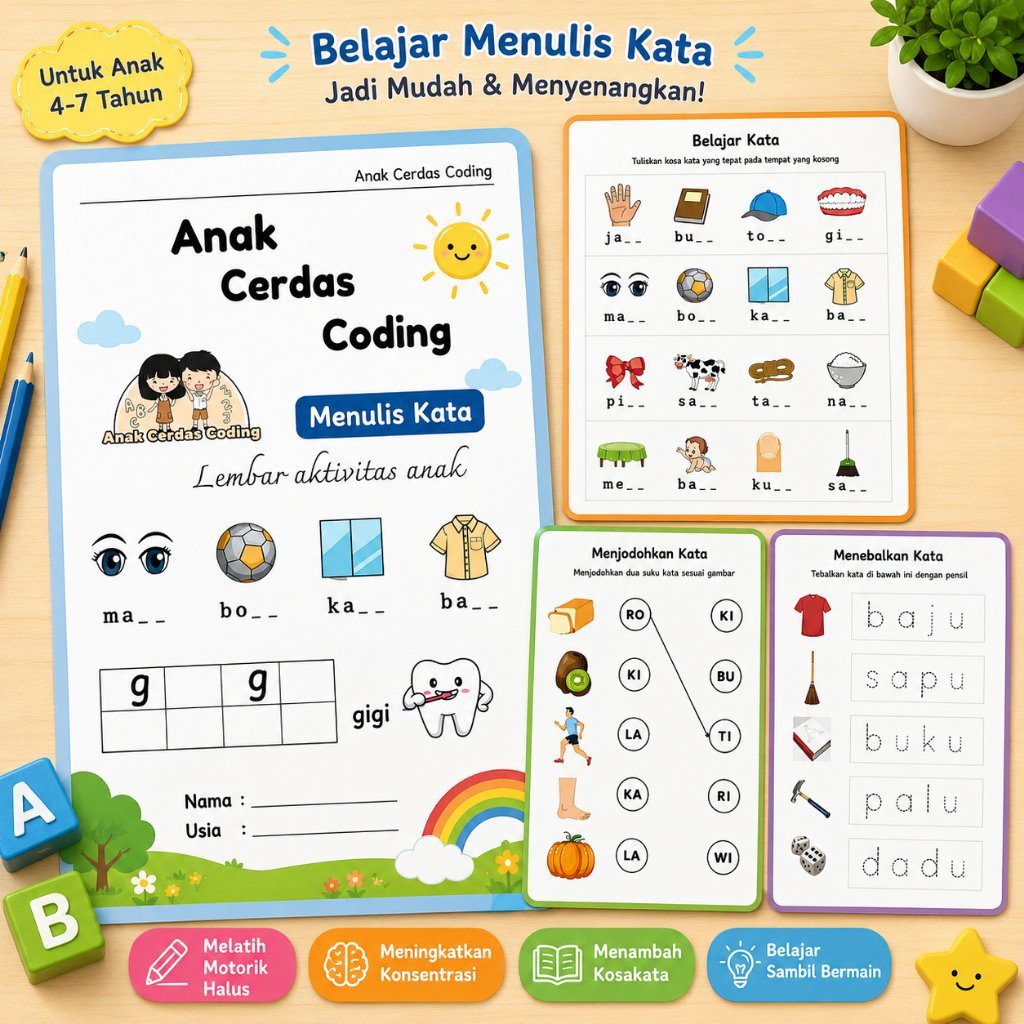 Dunia Anaku - 50 Lembar Aktivitas Anak Menulis Kata Full Warna - Usia 4-7 Tahun