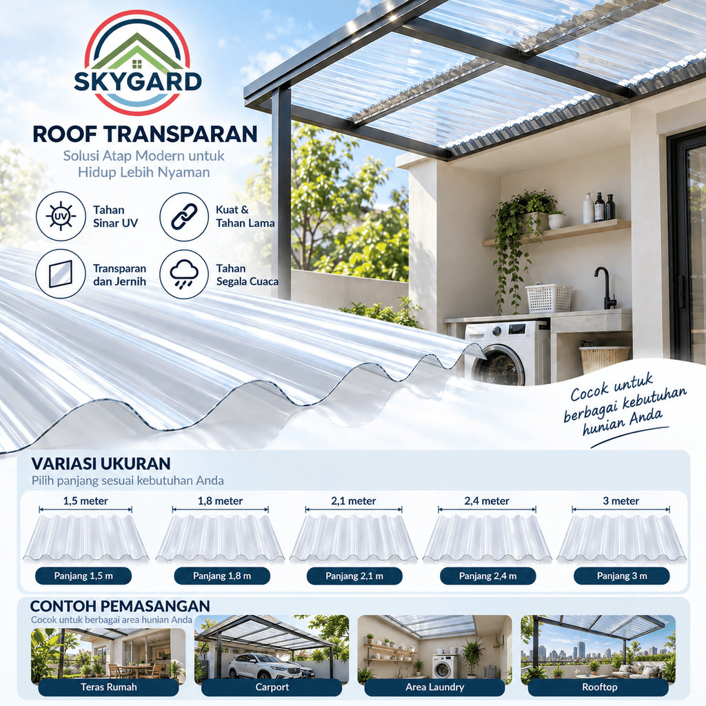 Skygard Atap Fiber PP Gelombang Transparan Anti UV Ketebalan 1mm Lebar 81