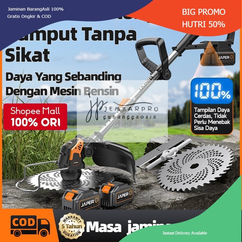 【COD】JAPER Mesin Potong Rumput Pemotong Rumput Listrik Pemangkas Rumput dengan Baterai Li-ion