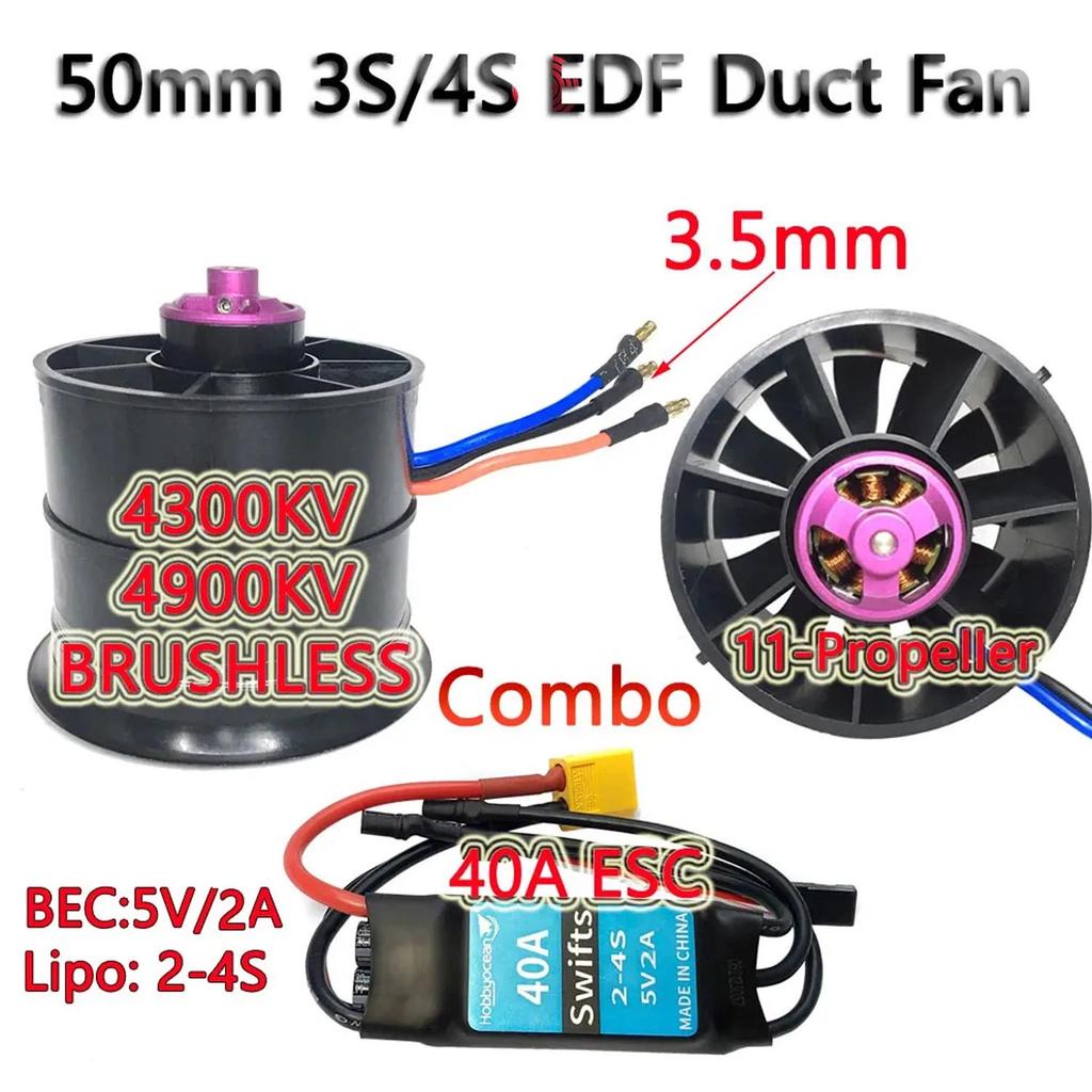 Hobbyocean 50mm 3-4S BRUSHLESS EDF Duct Fan 40A ESC 4900KV 4300KV 11-Propeller for Brushless Motor R