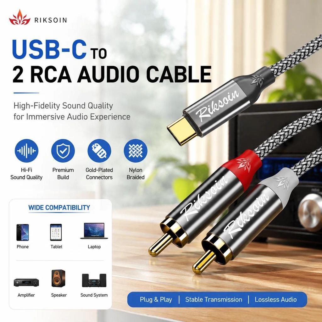 Riksoin USB C to RCA Auo Cable Type C to 2 RCA Cable with DAC for Speaker Amplifier Huawei  Laptop U
