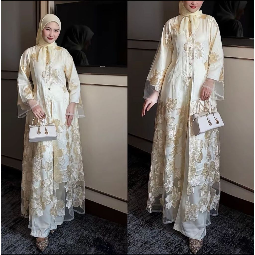 Cheryl Set Tunik Tulle Bordir Stelan Celana Silk Tunik Brukat