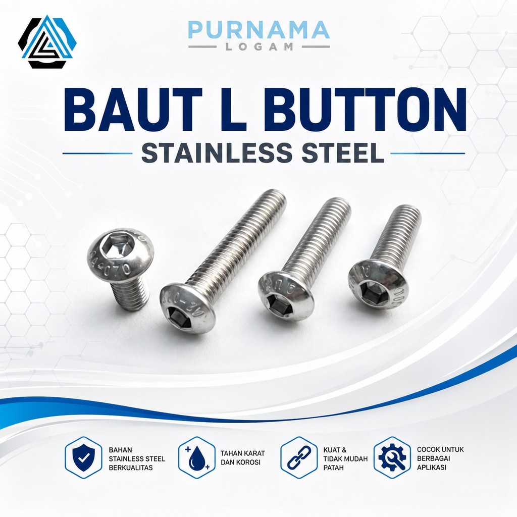 Baut L Button M6 x 50 (5 cm) Stainless Steel 304/ Drat 10 /Kunci L 4/ Baut Payung