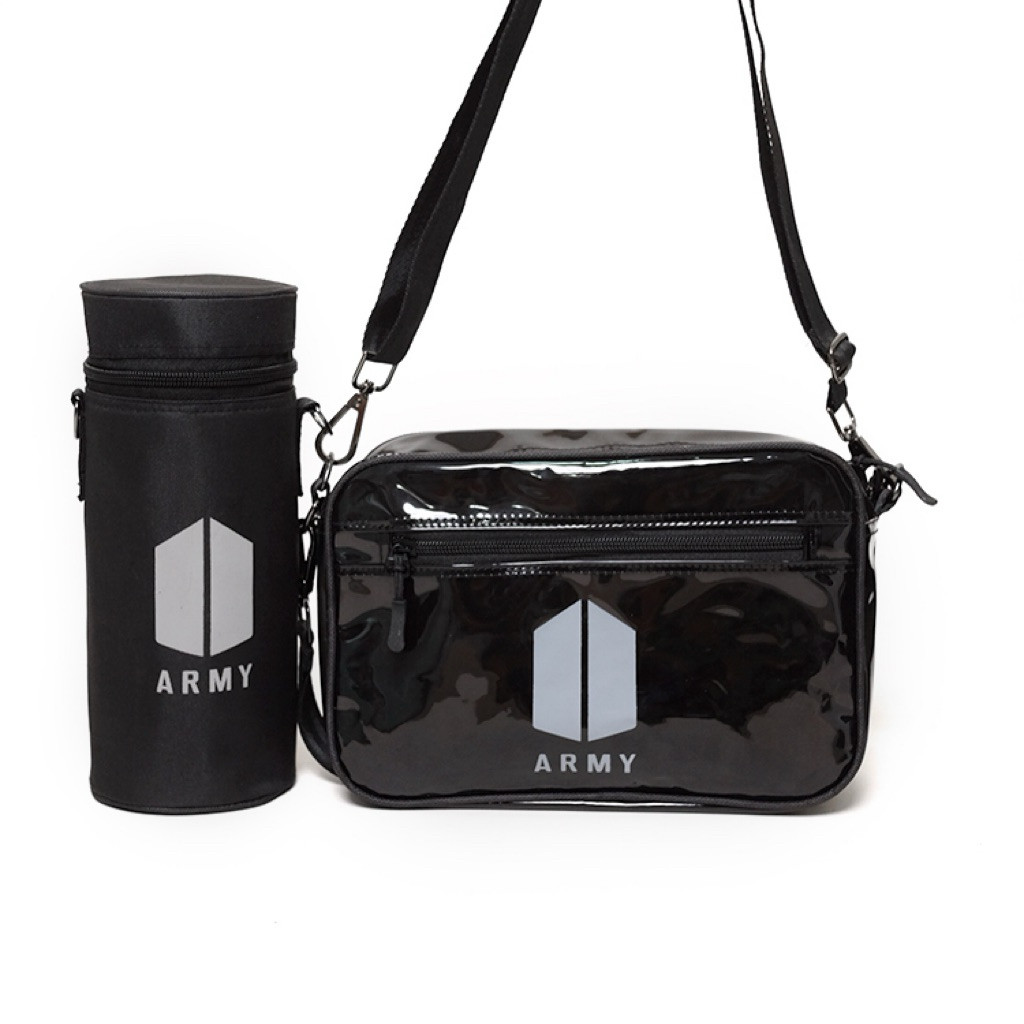 Paket Tas Selempang Smoke Black Bag Waterproof Konser BTS ARMY Clear Bag + Light Stick Case Army Bom