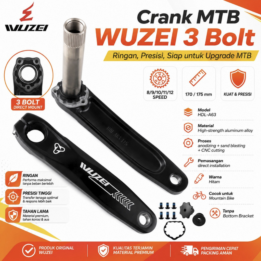 Foto Wuzei Crank HDL-A63 Hollowtech HT 2 Single Chainring Direct Mounting GXP Crankset 3 Baut Panjang Arm 24mm 170 175mm
