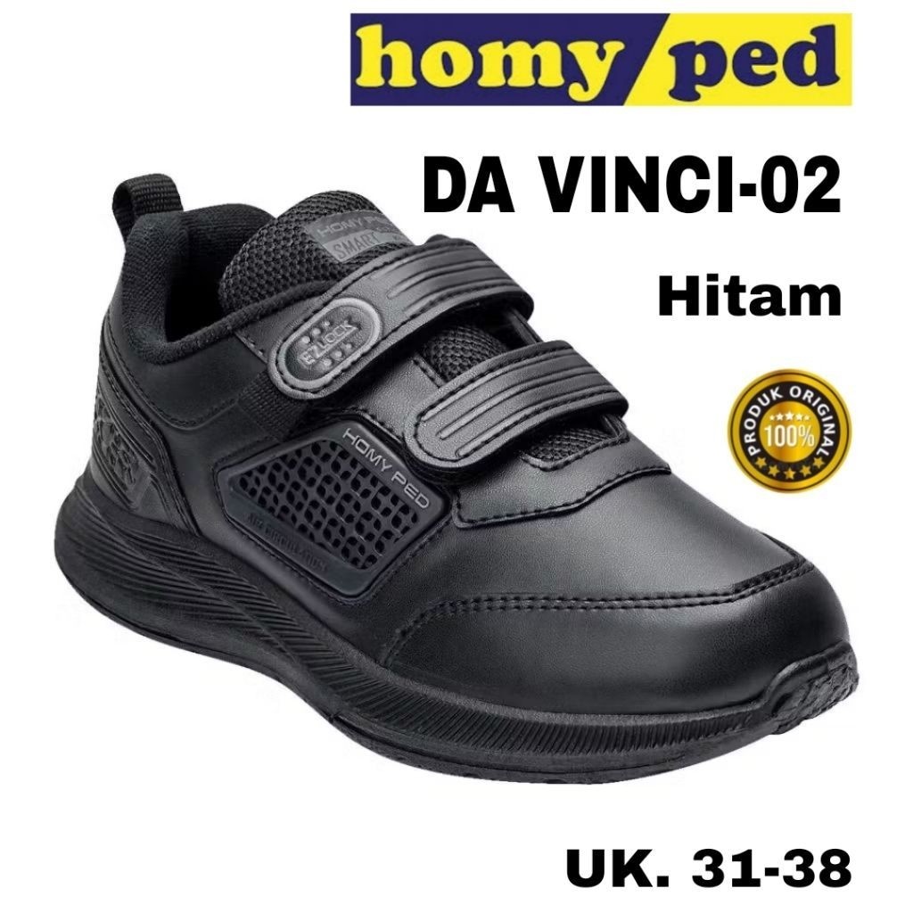 HOMYPED Sepatu Sekolah Anak Cowok Cewek Homiped Hitam Putih Perekat Tali Davinci Size 31 - 38
