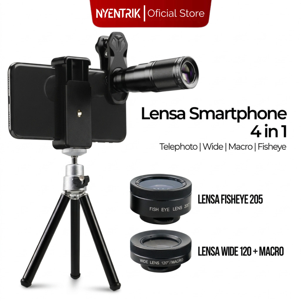 NYENTRIK 4in1 Lensa Smartphone Telephoto Wide Macro Fisheye Lens Camera HP Universal Clip