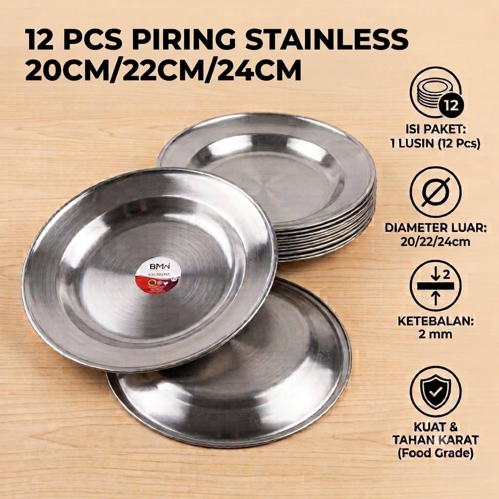 12 PCS || BMW Piring Makan Stainless 1 Lusin 20 cm / 22 cm / 24 cm BMW / Piring Makan Bahan Tahan Ka