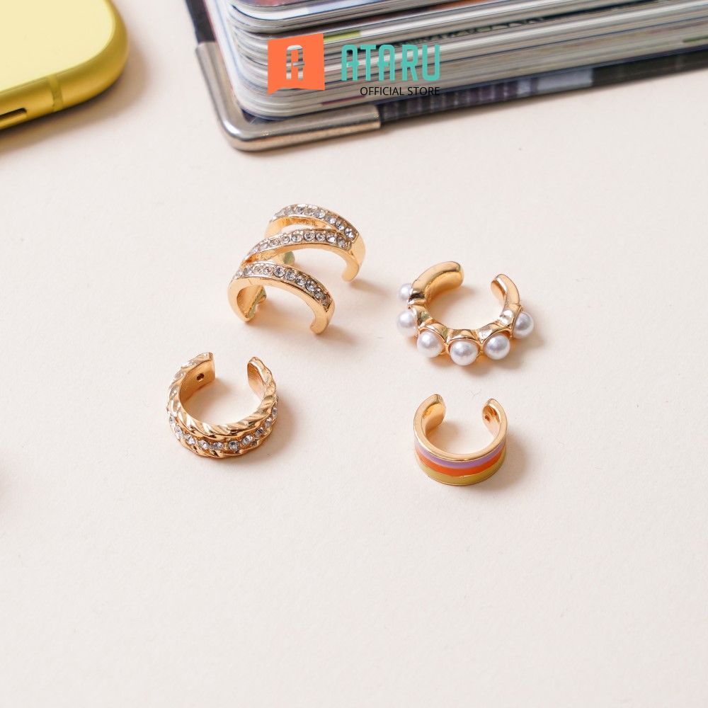 Ataru Anting Jepit Set 4 pcs Earrings Ear Jewelry Giwang Hiasan Telinga Ear Accessory Anting Tusuk S