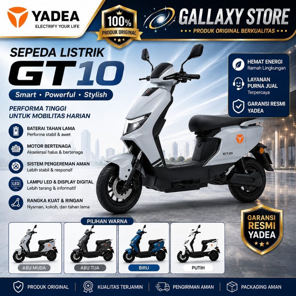 SEPEDA LISTRIK YADEA GT10 / YADEA GT10 DAYA MOTOR MENNGUNAKAN MESIN DINAMO BERKEKUATAN 400W HINGGA 6