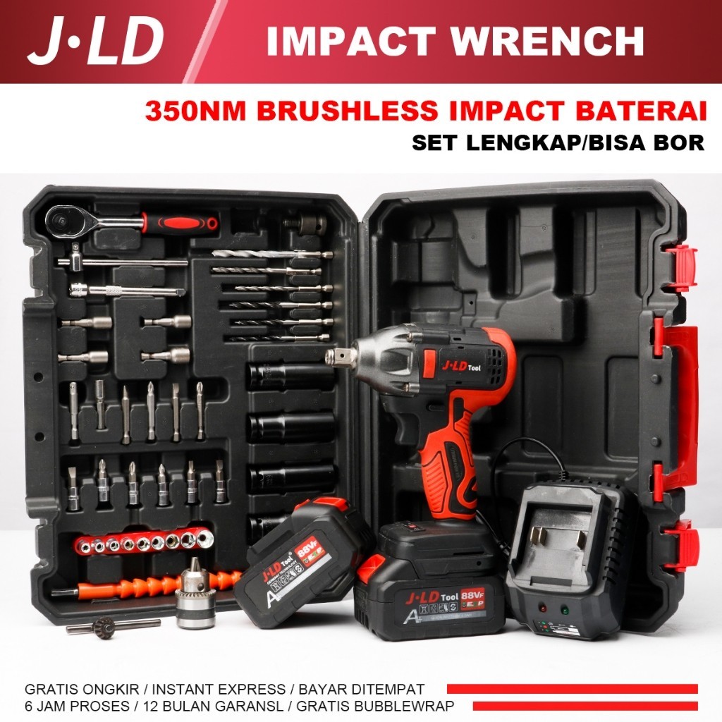 JLD mesin bor impact baterai 88VF fullset impact bor 2baterai 350NM Impact Wrench impact jld set