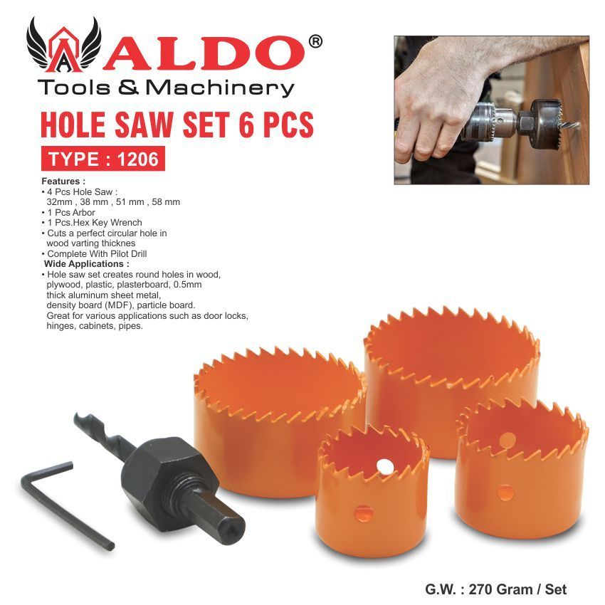 HOLE SAW SET 6 PCS 1206 / MATA BOR LUBANG KAYU / MATA BOR PELUBANG KAYU / MATA BOR KAYU MERK ALDO
