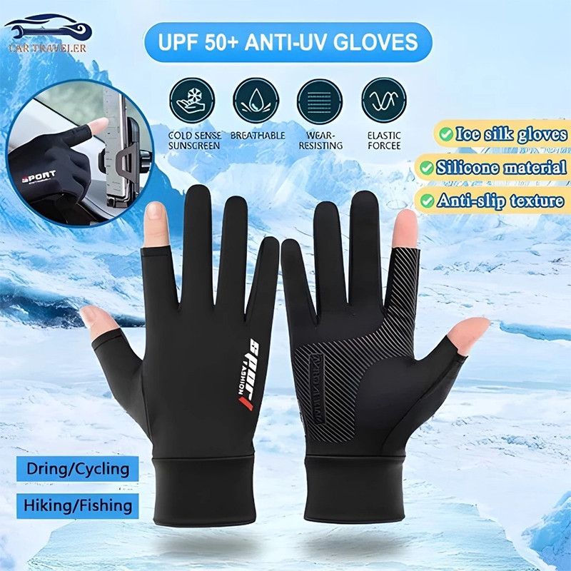 Sarung Tangan Motor Pria Wanita Ice Silk Gloves Anti Slip Bisa Touch Screen Anti Air Setengah Jari N