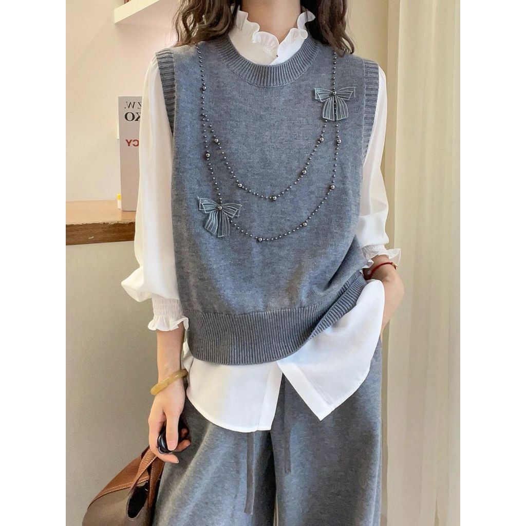 Busur manik-manik berpayet rajutan sweater rompi rompi wanita sweater longgar