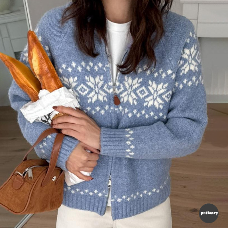 PAT_Jaket Retro Sweater Wanita Jacquard Rajutan Cardigan Lengan Panjang Pakaian Rajut Longgar Serbag