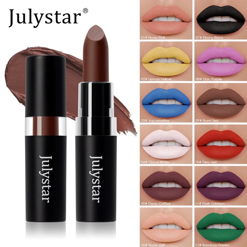 12 Warna Lipstik Matte Biru Tahan Air Makeup Lipstik Hijau Hitam Tahan Lama Lipstik Ungu Kosmetik Ha