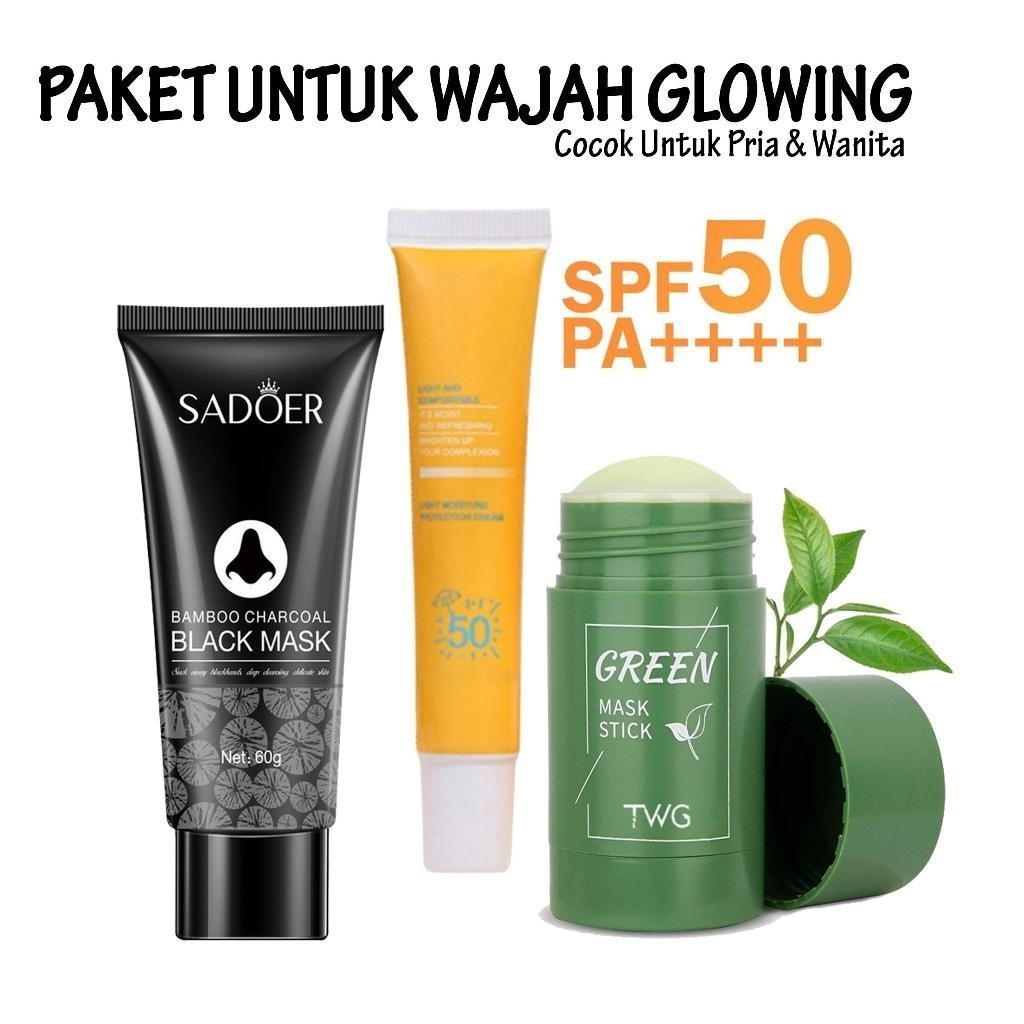 Paket Wajah Glowing 3 Item - Sunscreen SPF 50, Masker Komedo Sadoer, Masker Wajah Green Stick Meidia