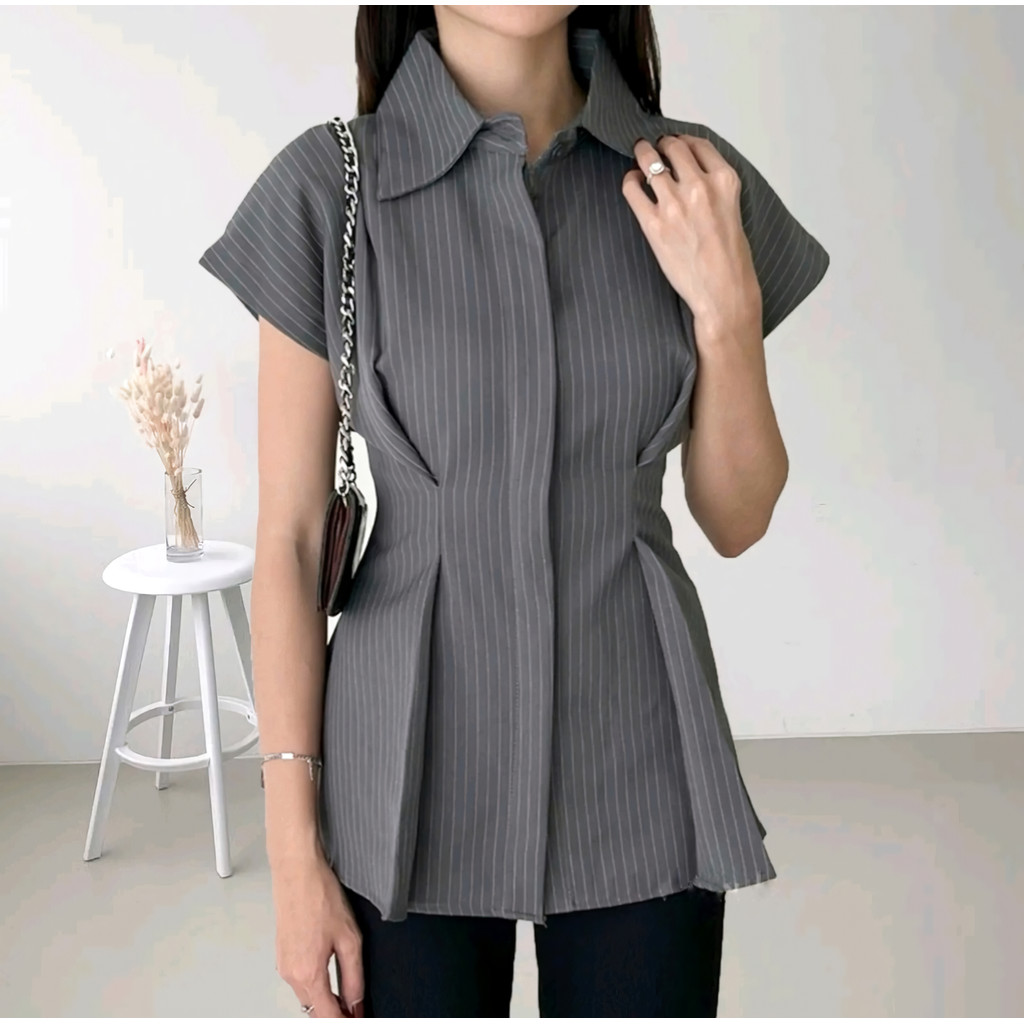 Alba Top - Kemeja Wanita Salur Slim Fit Lengan Pendek | Atasan Kemeja Cewek Kekinian | Baju Kerja Wa