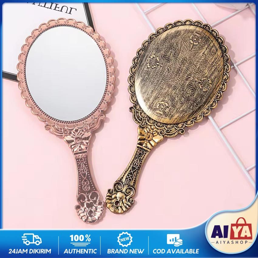 Vintage Klasik Cermin Genggam Cermin Gagang Makeup Mirror Kaca Rias Kosmetik Bulat Oval Vintage Deng