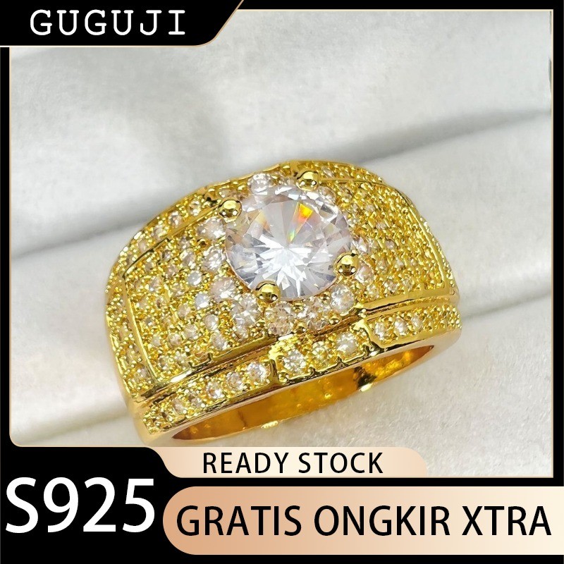 GUGUJI Cincin Pria Berlian Penuh Kluster Mewah Cincin Emas Eropa dan Amerika