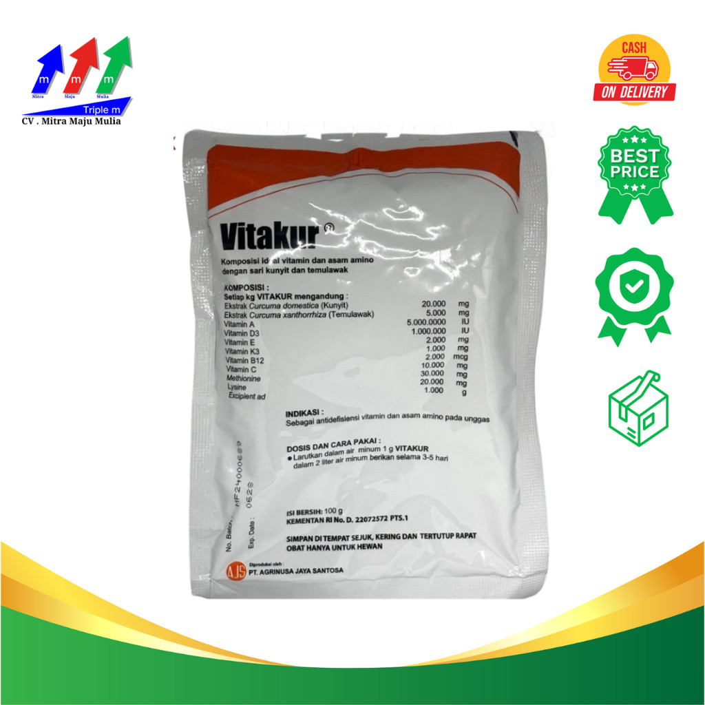 VITAKUR 250 Gr dan 100 Gr -  Multivitamin Herbal untuk Hewan dan Asam Amino Plus Sari Kunyit dan Tem