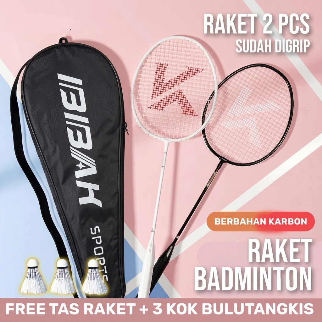 BBAK Raket Badminton Raket Bulu Tangkis Isi 2 Bahan FULL CARBON Berkualitas Olahraga Badminton Origi