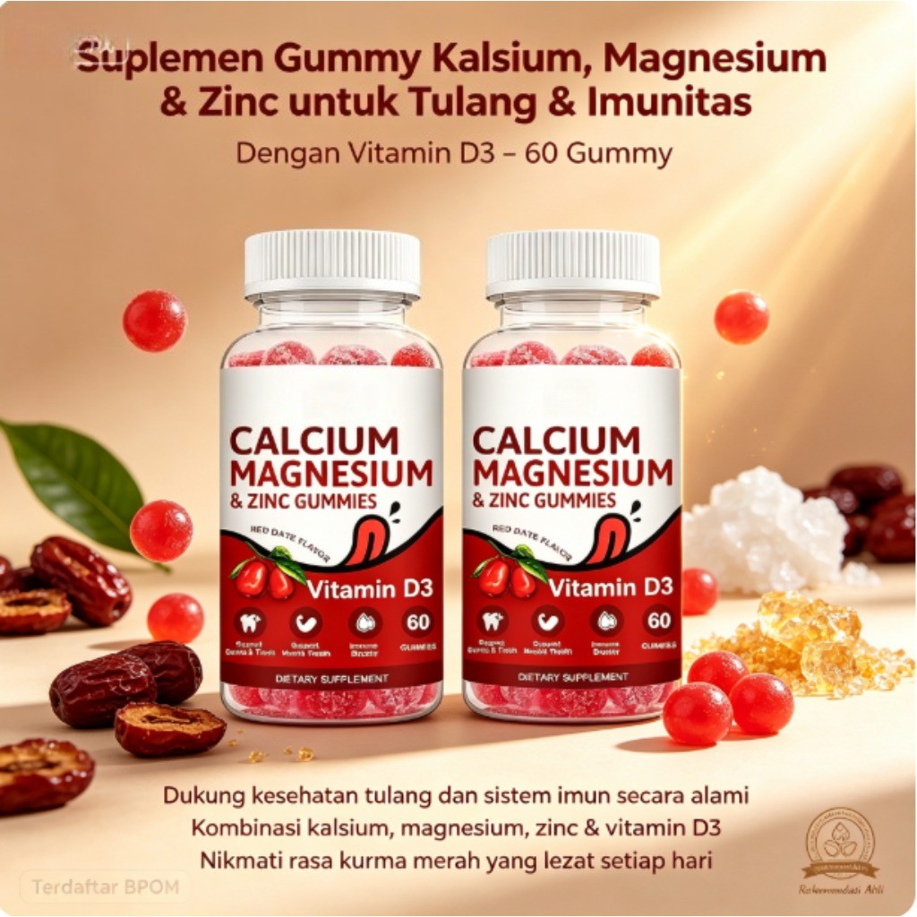 Calcium Magnesium & Zinc Gummies Suplemen Kalsium, Magnesium, Zinc & Vitamin D3 untuk Dukung Kesehat