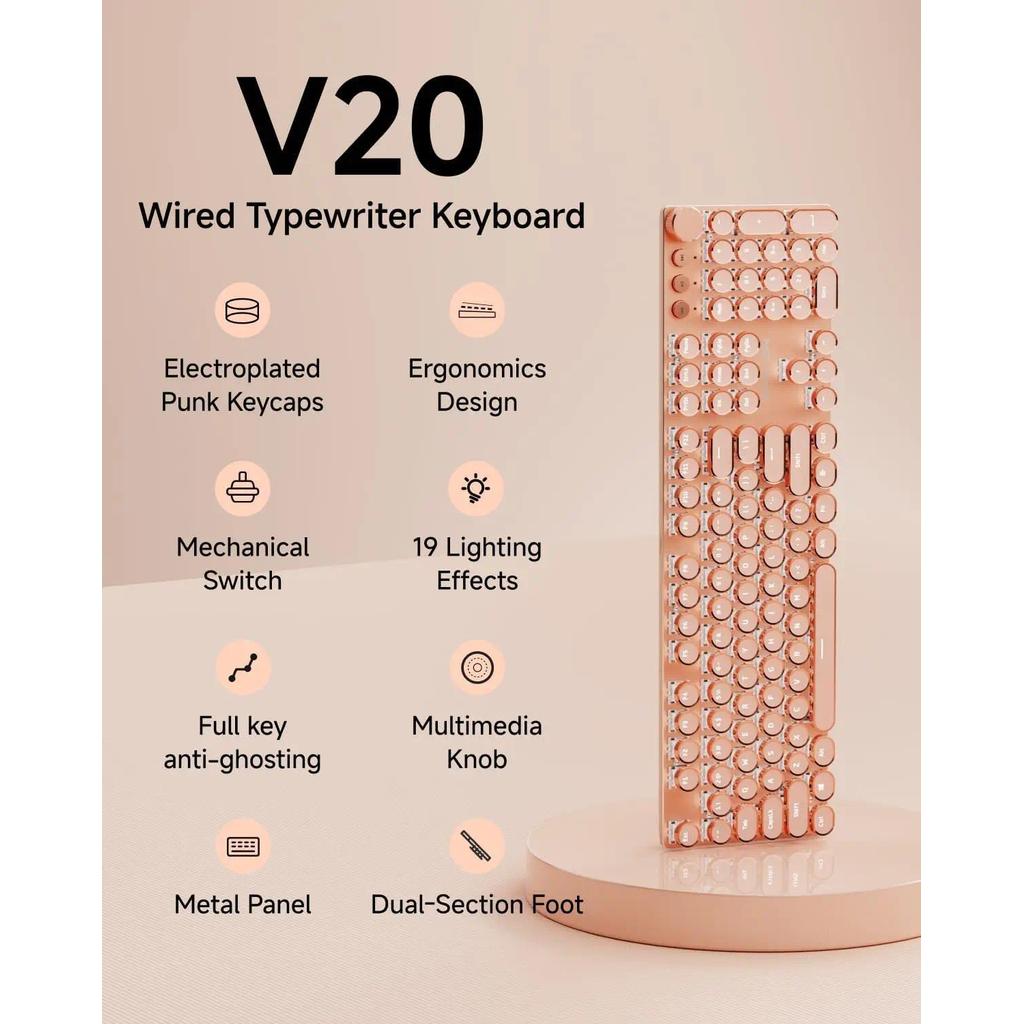EWEADN V20 Typewriter Style Mechanical Keyboard Wired Typewriter Keyboard 104 Keys Retro Typewriter 