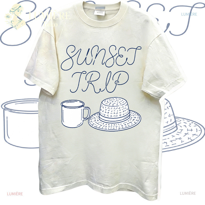 [COD]LUMIÈRE Toko|Kaos Wanita Longgar Lengan Pendek 2026 Atasan Korea Style Motif Sunset Trip Outdoo