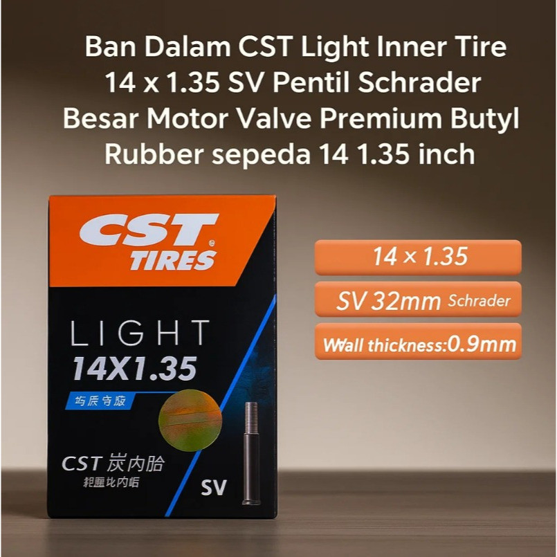 Foto Ban Dalam CST Light Inner Tire 14 x 1.35 SV Pentil Schrader Besar Motor Valve Premium Butyl Rubber sepeda 14 1.35 inch