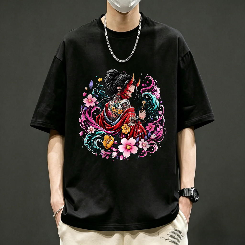 Kaos Pria Motif Oni Jepang Samurai Bertopeng Merah Bunga Sakura Tattoo Japanese Demon Anime Kaos Dis