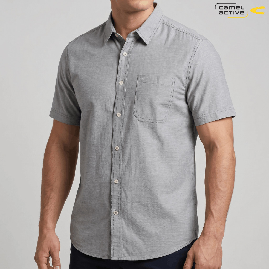 camel active Men's Basic Grey Cotton Short Sleeve Shirt Kemeja