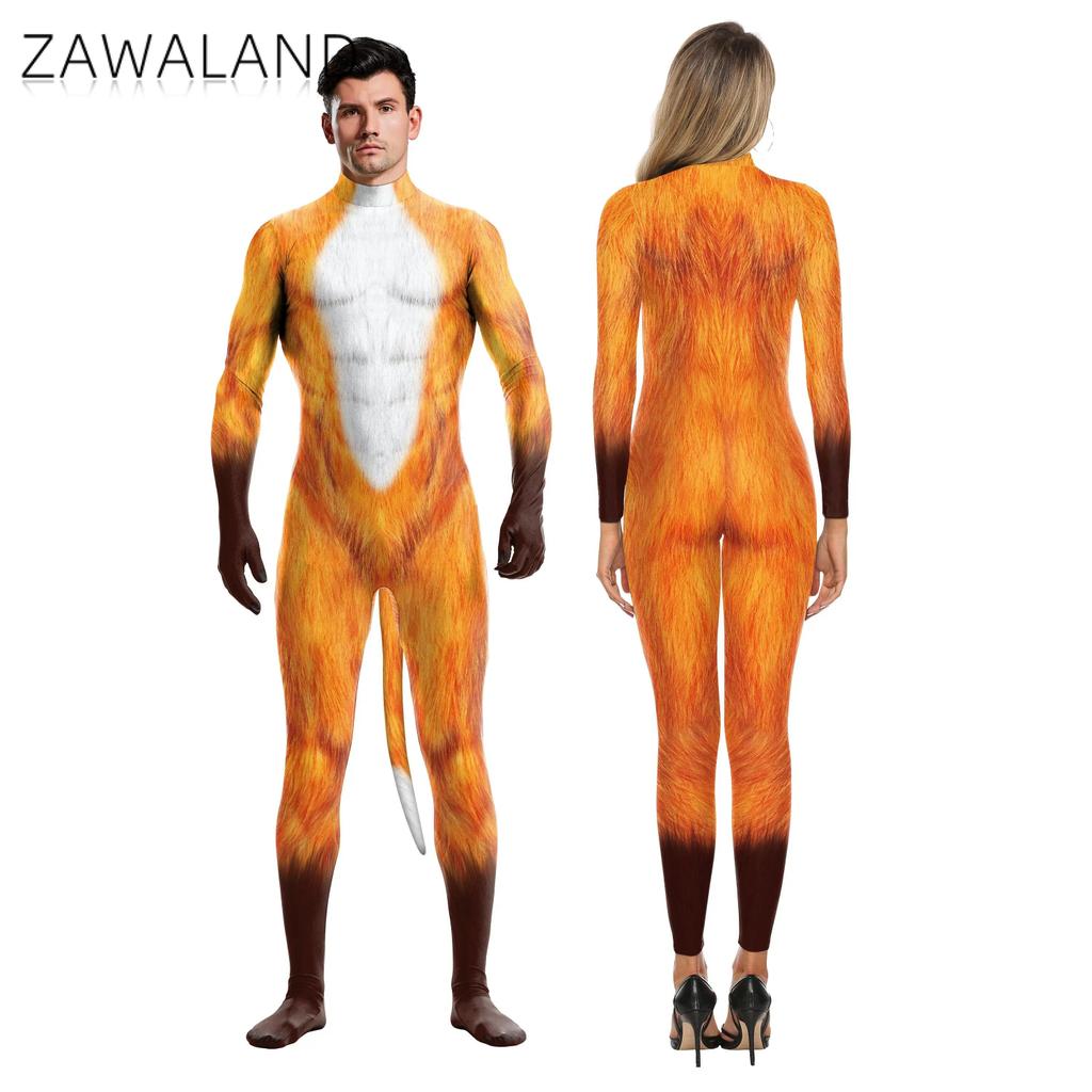 Zawaland Carnival Party Jumpsuit Whole Costumes 3D Fox Printed Catsuit with Tail Zentai Cosplay Cost