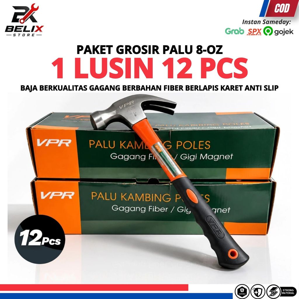 1 LUSIN 12 PCS Palu Kambing Gagang Fiber Gerigi Magnet VPR 8 Oz Martil Cungkil Paku Gagang Fiber SBJ