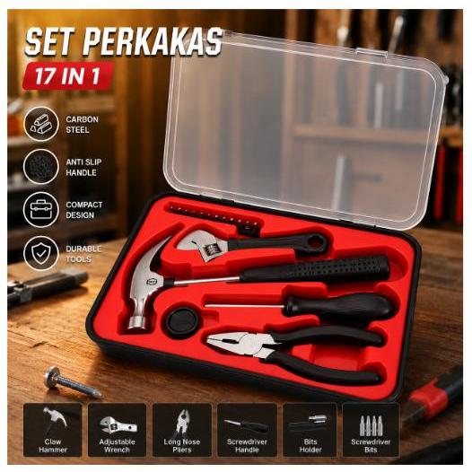 Unique93 Set Peralatan Perkakas Tang Palu Obeng Kunci Inggris 17in1 with Box - KS-005