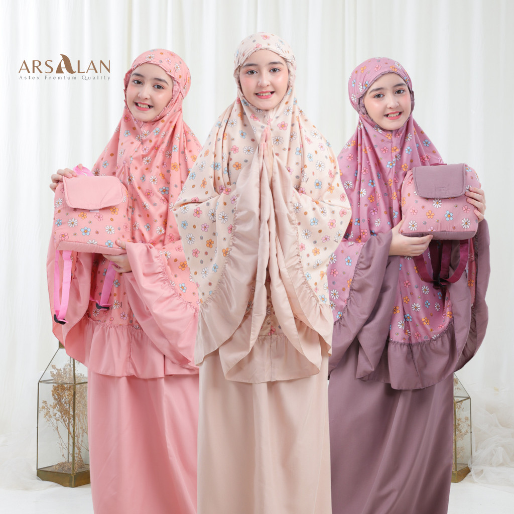 Arsalan - Mukena Anak Perempuan Tas Ransel Motif Bunga Bloomy Rayon mix Katun Mikro usia 2 - 12 tahu