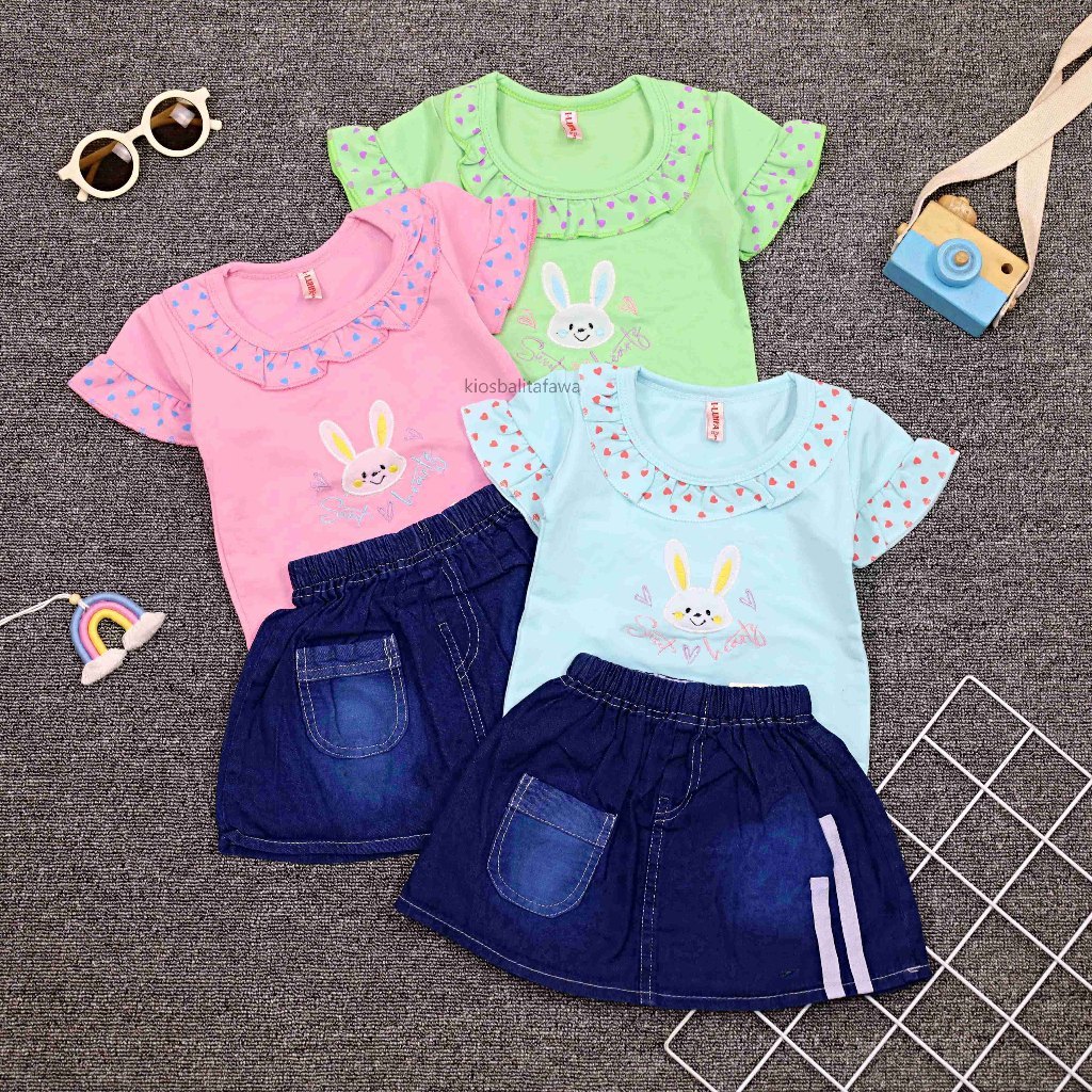 Setelan Yura Uk 1-4 Tahun / Set Kaos Denim Jeans Rok Celana Bayi Setelan Anak Perempuan Bordir Modis
