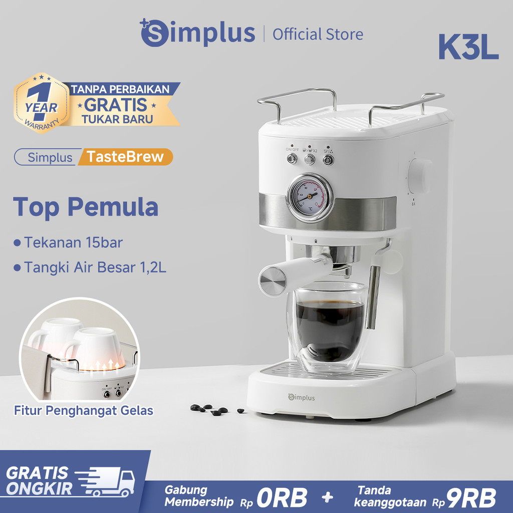 Simplus Mesin Espresso Semi Otomatis Tekanan 15bar Kapasitas Tangki 1,2L Ekstraksi 2 Gelas
