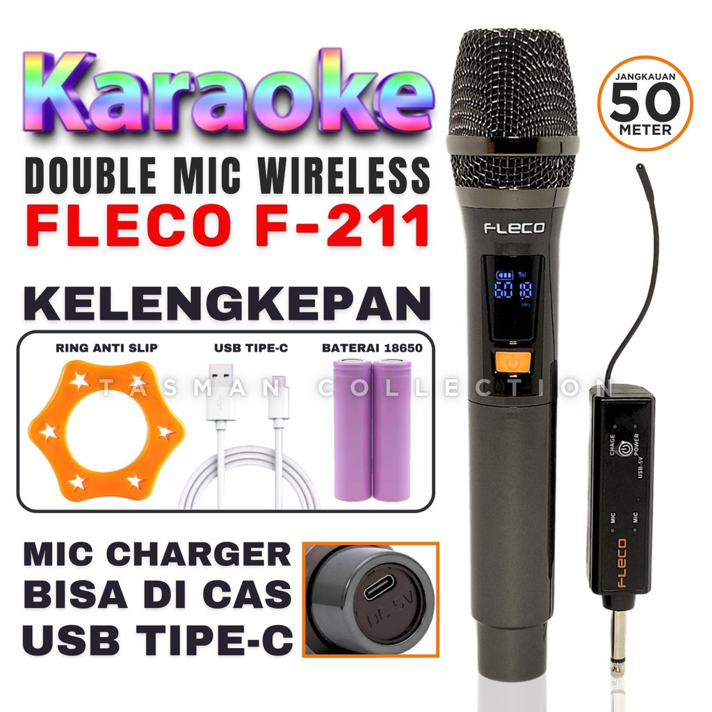 Terlaris Mic Tanpa Kabel Profesional Wireless Microphone Mic Tanpa Kabel Fleco F-211 Mic Karaoke