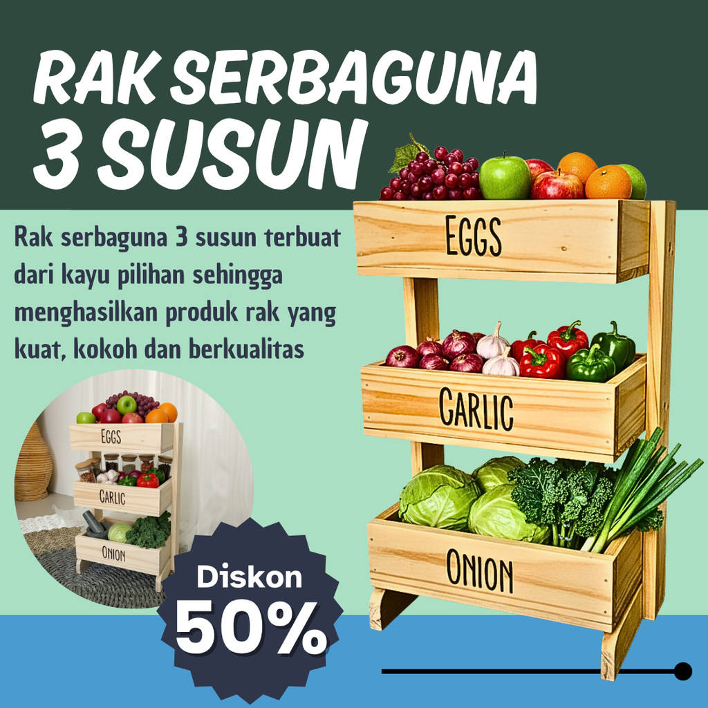 Rak Bawang Kayu 3 Susun / Rak Bumbu Serbaguna
