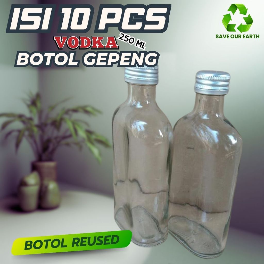 Botol Kaca Gepeng 250ml Bening Vodka Mansion Madu Kopi Susu Mensen Flat Bottle Barang rekondisi Beka