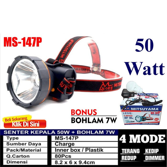 Senter Kepala LED 50 Watt MS 147P Bonus Bohlam 7 Watt  Cahaya Putih ORIGINAL