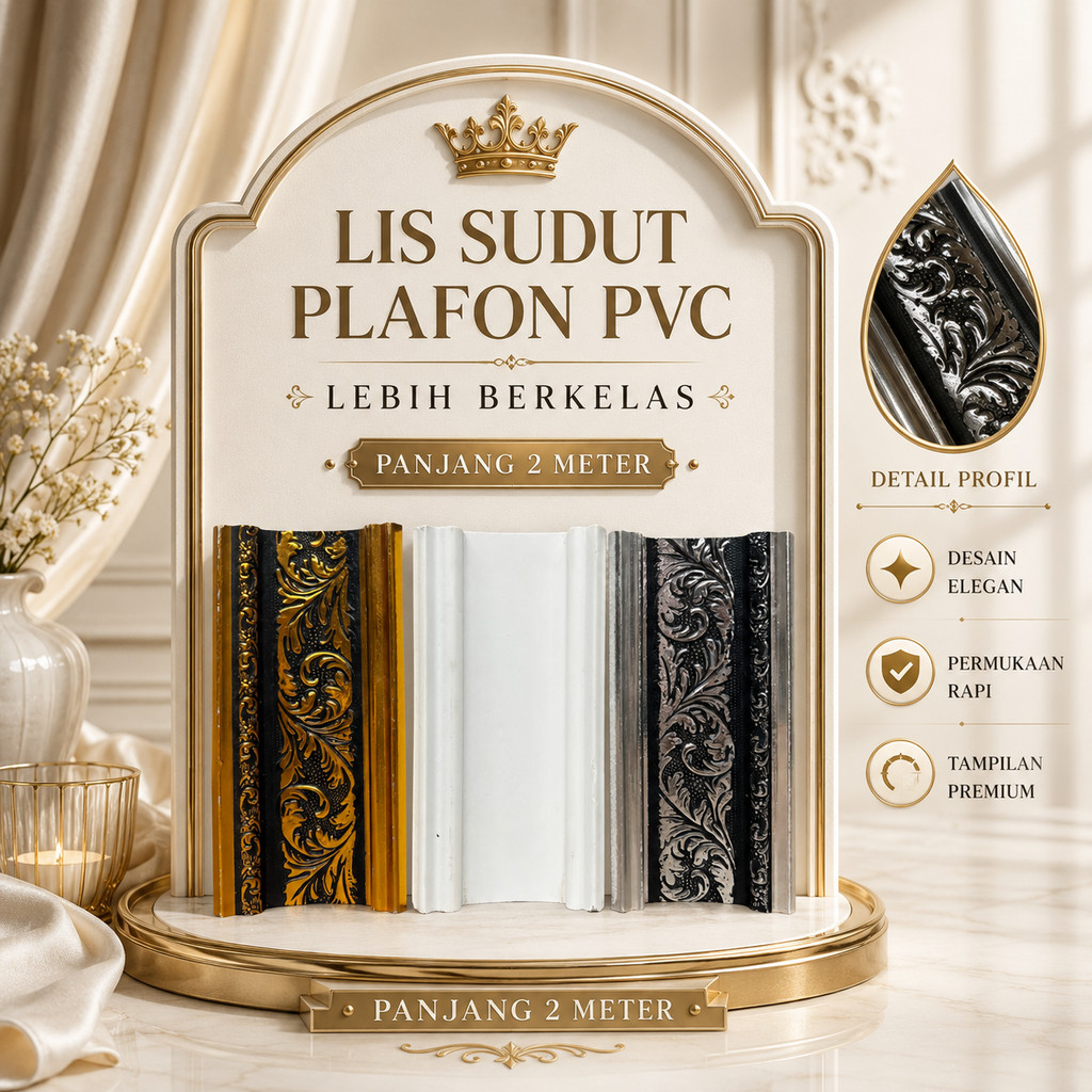Lis Pigura PVC Premium Lis Plafon PVC 8CM 12CM Motif Elegan Warna Gold Silver Dekor Plafon Gypsum
