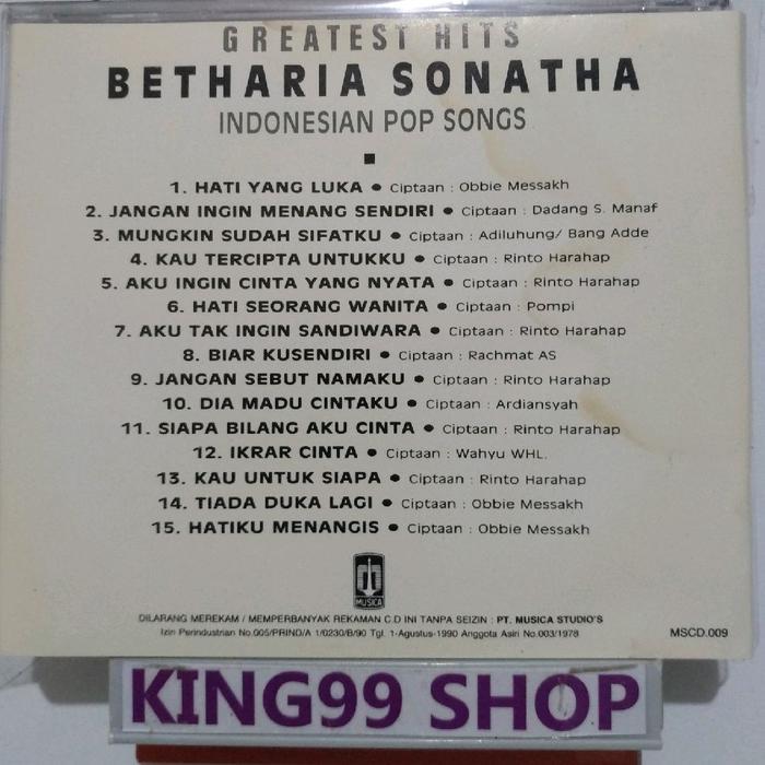 CD BETHARIA SONATHA - GREATEST HITS. hetty koes endang desy ratnasari yuni shara krisdayanti nunung 